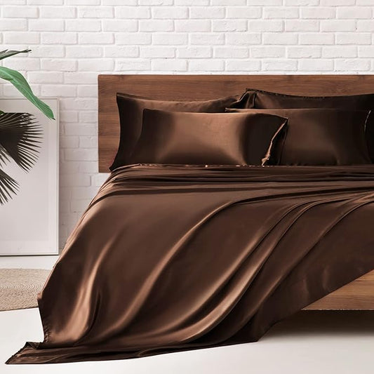 MR&HM Satin Bed Sheets, King Size Sheets Set, 6 Pcs Silky Bedding Set with 15 Inches Deep Pocket for Mattress (King, Brown)