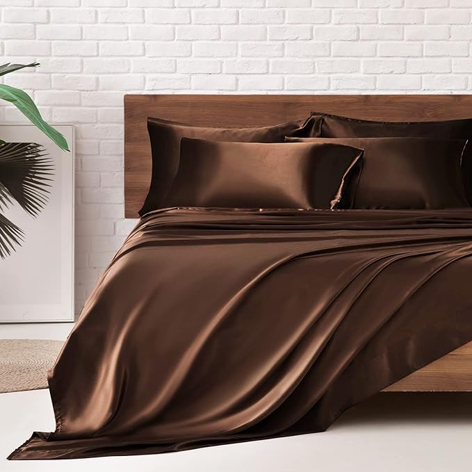MR&HM Satin Bed Sheets, Queen Size Sheets Set, 6 Pcs Silky Bedding Set with 15 Inches Deep Pocket for Mattress (Queen, Brown)