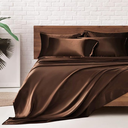 MR&HM Satin Bed Sheets, Queen Size Sheets Set, 6 Pcs Silky Bedding Set with 15 Inches Deep Pocket for Mattress (Queen, Brown)