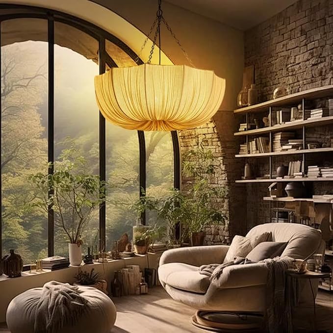 Lantern Fabric Pendant Light Mid-Century Modern Drum Chandelier Faux Silk Cloth Shade 3 Lights Wabi Sabi Light Fixture Farmhouse Ceiling Hanging Light for Dining Room Bedroom