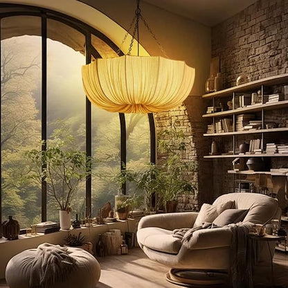 Lantern Fabric Pendant Light Mid-Century Modern Drum Chandelier Faux Silk Cloth Shade 3 Lights Wabi Sabi Light Fixture Farmhouse Ceiling Hanging Light for Dining Room Bedroom