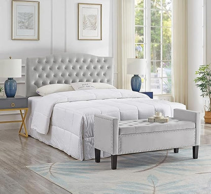 24KF Velvet Modern Upholstered Tufted Button Storage Bench with Arms for Bedroom,Entryway Living Room Soft Padded Seat -Gray
