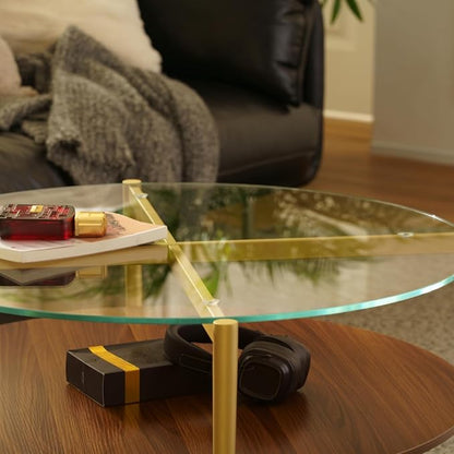 Saint Mossi BLEVIO Glass Round Coffee Table, Middle-Century Modern Style, Perfect for Living Room, Clear Glass Top & Walnut Brown MDF Wood Top, with Gold Finish Legs & Frame