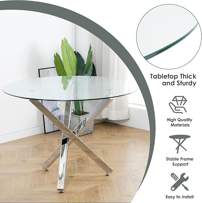 5 Pieces Round Glass Dining Table Set, 39'' Modern Luxury Circle Kitchen Set for 4, Clear Minimalist Circular Dinner Set with Black Woven Chairs Set, for Small Apartment Bedroom (Silver)