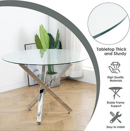 Silver Luxury Round Dining Table Set for 4, 39'' Clear Circle Glass Top Dinner Table Set, 5 PCS Modern Circular Kitchen Table and Grey Woven Chairs Set, for Small Apartment Living Room