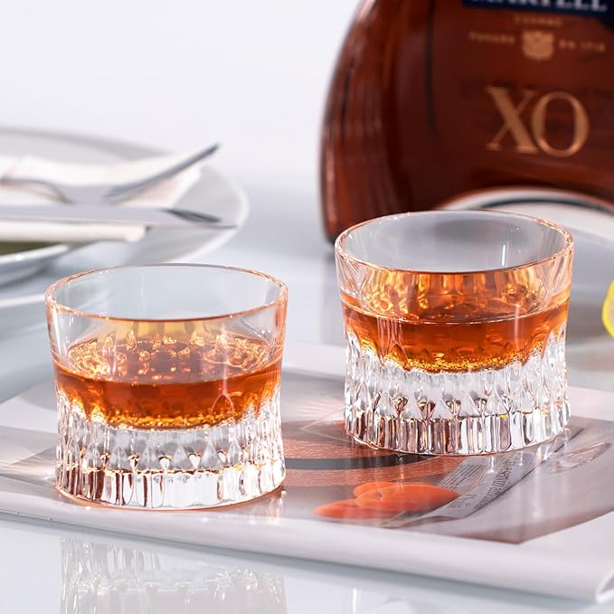 KAMMAK Crystal Whiskey Glasses Set of 2, Old Fashioned Glasses Stemless, 4.66oz Hand Blown White Cocktail Glasses, Engagement Gifts for Couples, Women, Men