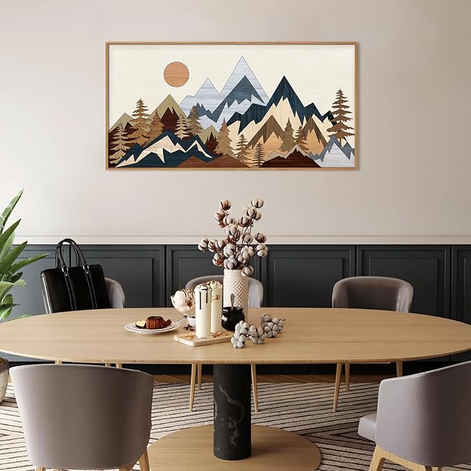 HOURIA Mid Century Mountain Woodland Framed Wall Art Set,Boho Sunrise Pine Tree Wall Decor,Wilderness Nature Forest Artwork,Modern Woodcut Field Art Print for Living Room,Bedroom,Office- 20"x40"x1