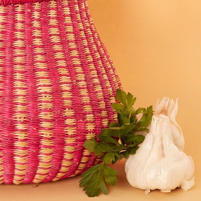 Kitchen Decor, Kitchen Storage, Fruit Basket, Wicker Basket, Woven, Shelf Decor, Decorative Basket, Harvestng Basket, Boho, African, Bolga, Pot Shape, 9" W, Small, Pink