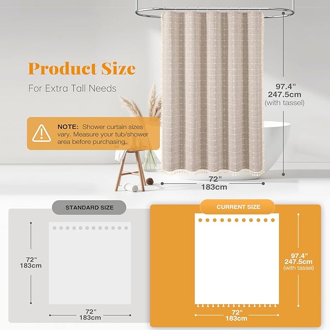 BTTN 96 Inch Extra Long Shower Curtain, Boho Chic Linen Water-Repellent Fabric Shower Curtain Set with Plastic Hooks, Tall Vintage Farmhouse Tassel Cloth Shower Curtains for Bathroom, Tan/Taupe, 72x96