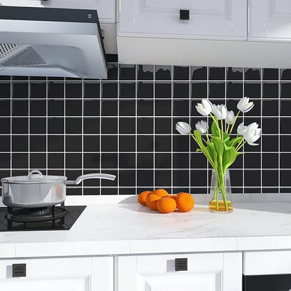 Alwayspon 10 Sheets 10"x10" Black 3D Vinyl Backsplash Tiles, Self-Adhesive Peel and Stick Wall Tile Stickers Stick on Subway Tiles for Kitchen Bathroom Wall