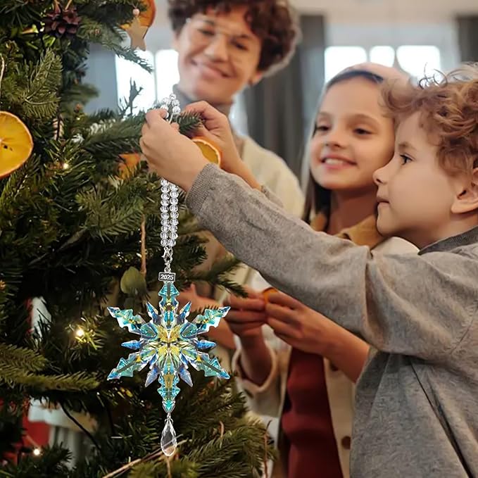 kockuu Christmas Crystal Snowflake Ornament Decoration, AB Color Crystal Snowflake Hanging Ornament for Tree with Tag 2025 Engraved for Winter Xmas Tree Keepsake Gifts Holiday Home Decor