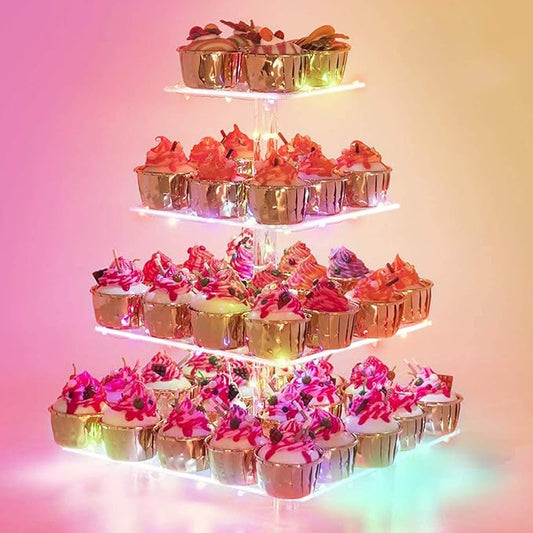 Cupcake Stand – Premium Holder Acrylic Tower Display Cady Bar Party Décor 4 Tier for Pastry + LED Light String Ideal Weddings, Birthday(Colorful light)