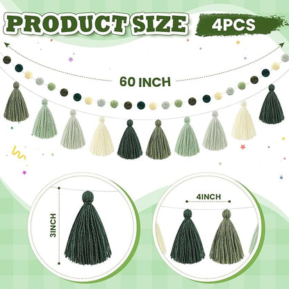 Syhood 4 Pcs Christmas Pom Pom Tassel Garland Felt Pompom Ball Banner Christmas Tassel Garland for Xmas Tree Hanging Decorations Party Supplies Home Decor(Sage Green)