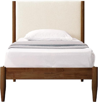 DG Casa Solid Wood Boucle Mid-Century Modern Twin Size Wooden Platform Bed Frame - Upholstered in Cream Boucle - Walnut Finish