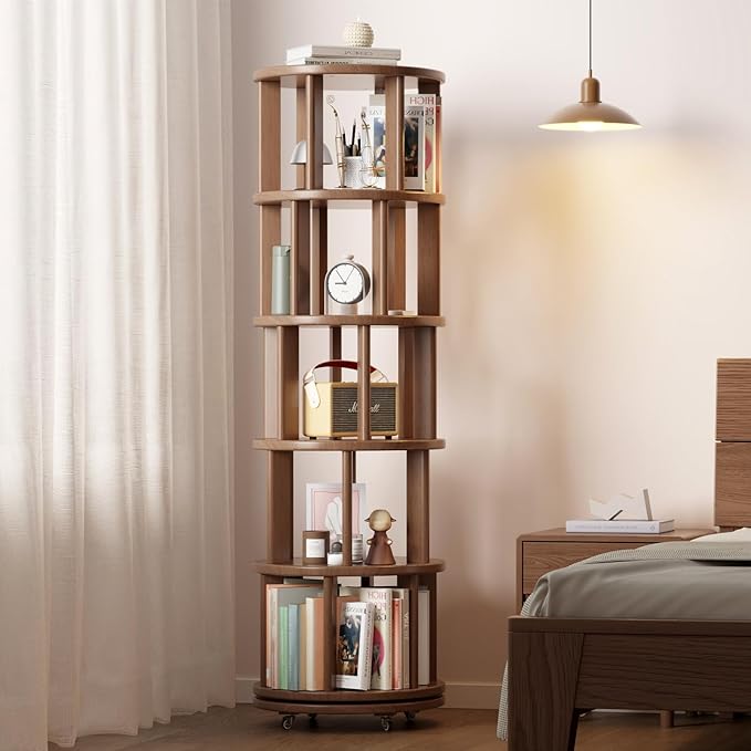 Solid Wood Rotating Bookshelf on Wheels, 5 Tier, Round Revolving Bookcase, 360° Spinning Book Shelf Tower for Kids, Narrow Rolling Bookshelves for Small Space, Corner, Bedroom, Office, Walnut