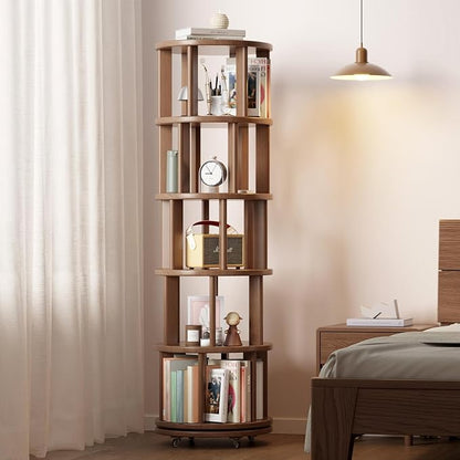 Solid Wood Rotating Bookshelf on Wheels, 5 Tier, Round Revolving Bookcase, 360° Spinning Book Shelf Tower for Kids, Narrow Rolling Bookshelves for Small Space, Corner, Bedroom, Office, Walnut