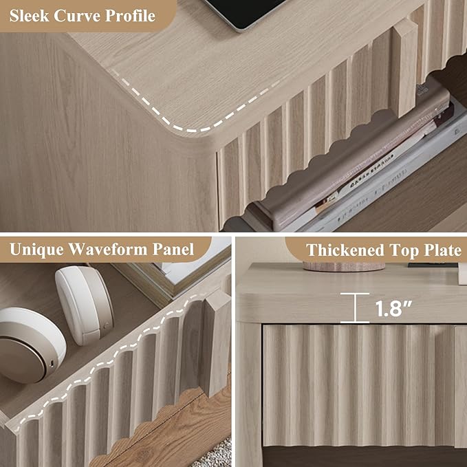 Fluted Nightstand Set of 2 with Charging Station, 23.6" Wood End Table with Solid Wood Handle, Curved Profile Design, Mid Century Moden Bedside Table for Bedroom, White Alder