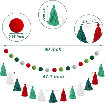 Syhood 4 Pcs Christmas Pom Pom Tassel Garland Felt Pompom Ball Banner Christmas Tassel Garland for Xmas Tree Hanging Decorations Party Supplies Home Decor(Red Green White)