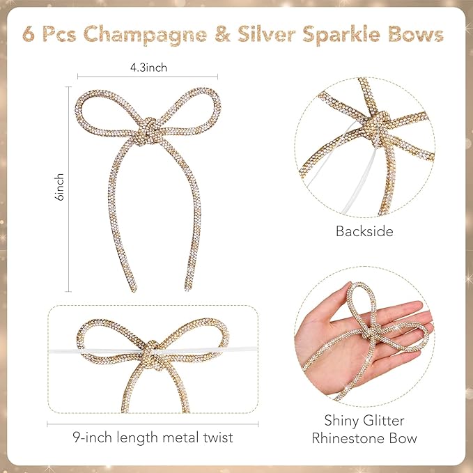 FLAIR GIFTS 6 Pcs 4.3" x 6" 2025 Christmas Bows for Tree Decor, Champagne Gold and Silver Sparkly Glitter Rhinestone Bow Ornaments with Twist Tie for Xmas Decoration, Wreath, Garland, Gift Wrapping