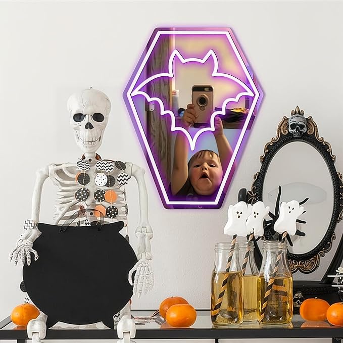 Coffin Bat Neon Mirror Sign,Gothic Room Decor,USB Powered,Halloween Bat Coffin Decor,LED Light Gothic Room, Teen Girls Preppy