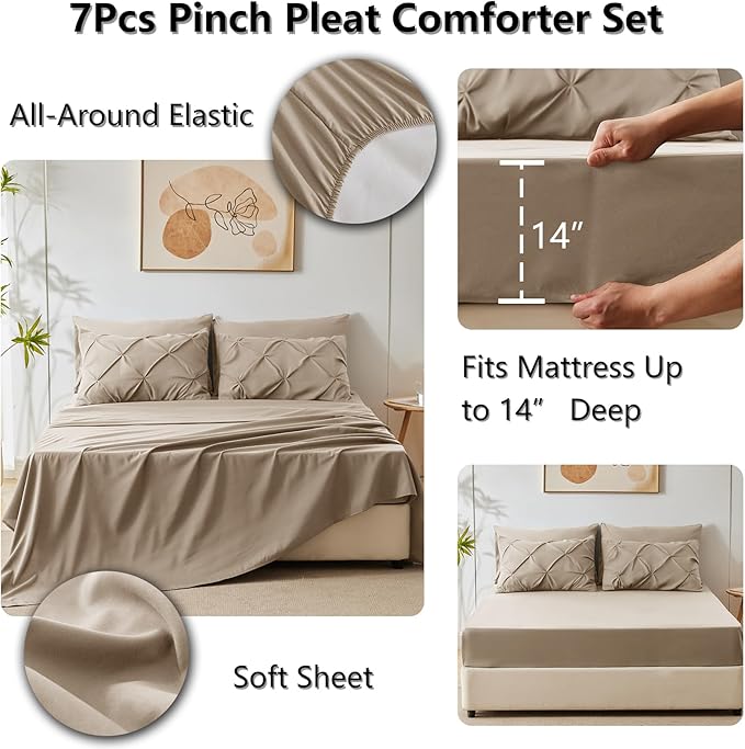 CozyLux Full Size Comforter Sets Khaki, 7 Pieces Pintuck Bed in A Bag Khaki Comforter Full Size, Pinch Pleat Bedding Sets with All Season Comforter, Sheets, Pillowcases & Shams