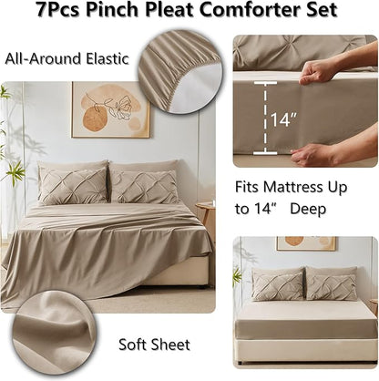 CozyLux Full Size Comforter Sets Khaki, 7 Pieces Pintuck Bed in A Bag Khaki Comforter Full Size, Pinch Pleat Bedding Sets with All Season Comforter, Sheets, Pillowcases & Shams