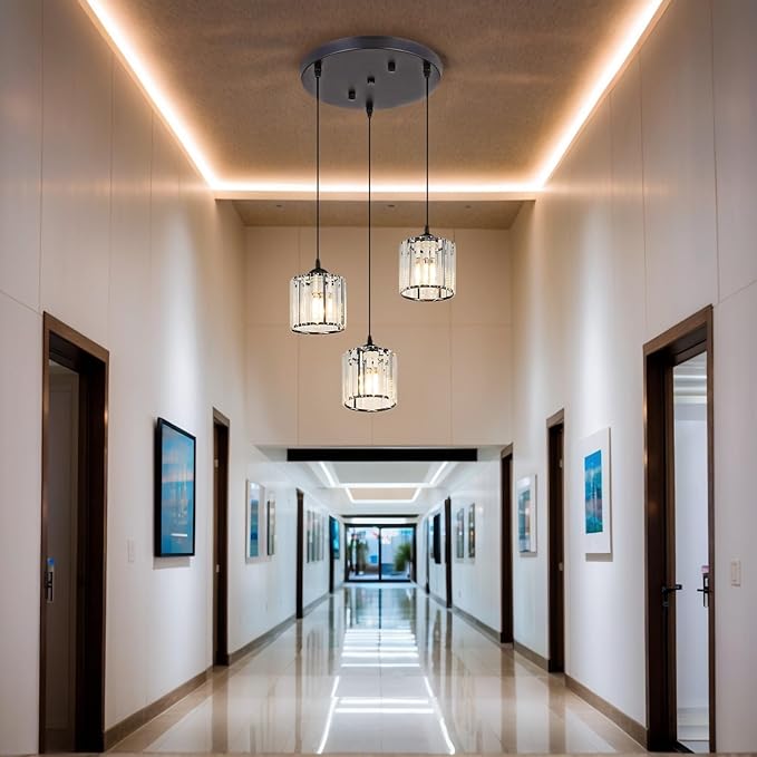 Crystal Pendant Lights Black 3 Light Cluster Ceiling,Modern Hanging Light Fixture for Kitchen Island,Adjustable Round Chandelier for Farmhouse,Dining Room,Foyer,Living Room with LED Bulb