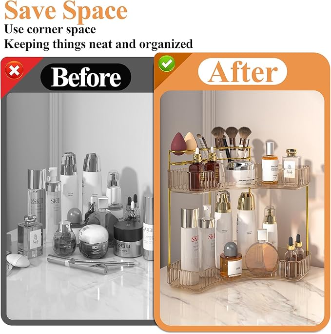 SUNZOS Corner Bathroom Counter Organizer, 2-Tier Countertop Makeup Organizer with Makeup Brush Holder for Dresser, Vanity Perfume Tray for Corner Storage