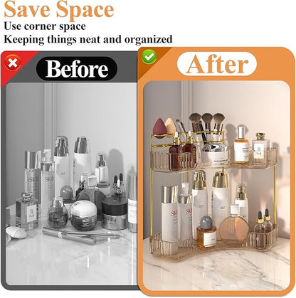 SUNZOS Corner Bathroom Counter Organizer, 2-Tier Countertop Makeup Organizer with Makeup Brush Holder for Dresser, Vanity Perfume Tray for Corner Storage