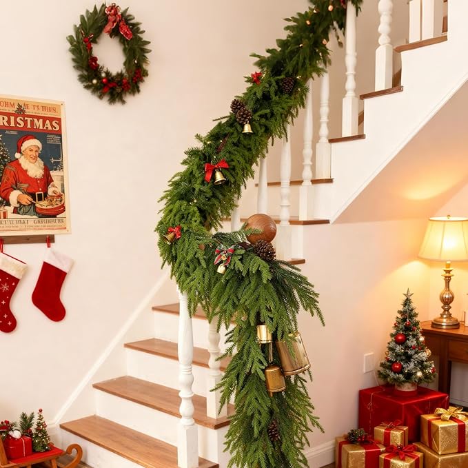 Christmas Garland, 6.3FT Real Touch Faux Green Norfolk Pine Garlands, Table, Fireplace, Winter Artificial Greenery Garland for Mantle, Stairs, Indoor & Outdoor Xmas Decorations