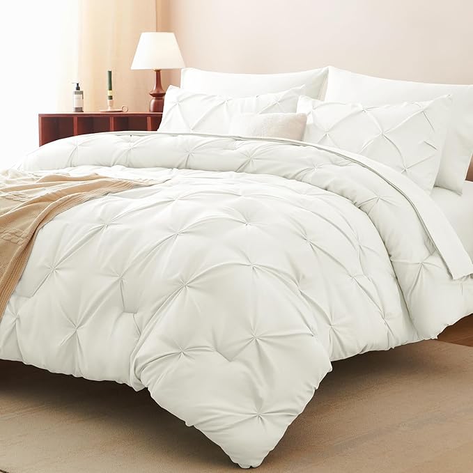 CozyLux Full Size Comforter Sets Ivory, 7 Pieces Pintuck Bed in A Bag Ivory Comforter Full Size, Pinch Pleat Bedding Sets with All Season Comforter, Sheets, Pillowcases & Shams