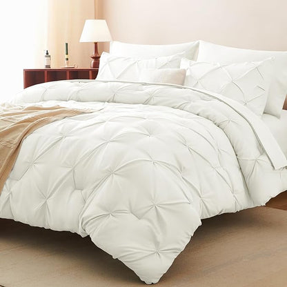 CozyLux Full Size Comforter Sets Ivory, 7 Pieces Pintuck Bed in A Bag Ivory Comforter Full Size, Pinch Pleat Bedding Sets with All Season Comforter, Sheets, Pillowcases & Shams