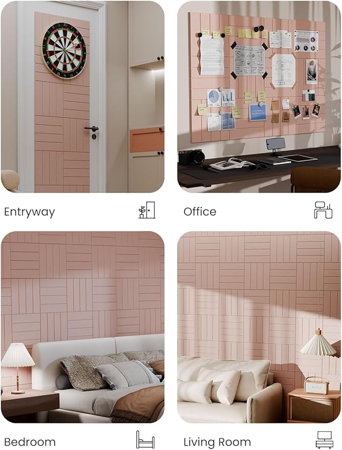 Bumusty Large Cork Board Alternative-47 x35 Felt Bulletin Board Tiles, with 30 Pushpins, 70 Adhesive Tabs, 12-Pack Slat Wall Paneling, Cork Boards for Office Push Pin Board Felt Board-Pink