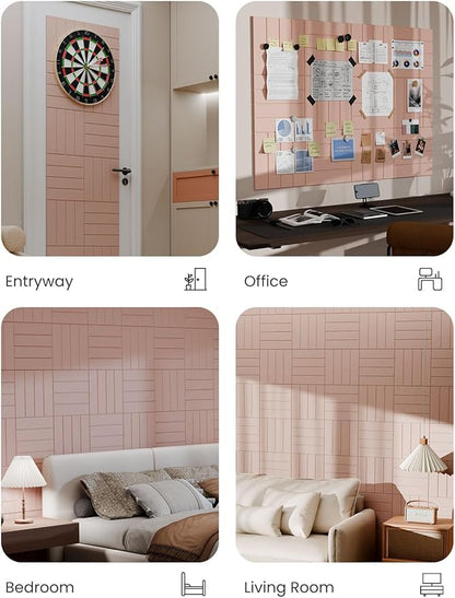 Bumusty Large Cork Board Alternative-47 x35 Felt Bulletin Board Tiles, with 30 Pushpins, 70 Adhesive Tabs, 12-Pack Slat Wall Paneling, Cork Boards for Office Push Pin Board Felt Board-Pink