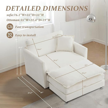 SoarFlash Chenille Sectional Sofa, Comfy Modular Single Sofa with Ottoman, Modern Recliner Deep Seat Sofa Set for Living Room,White