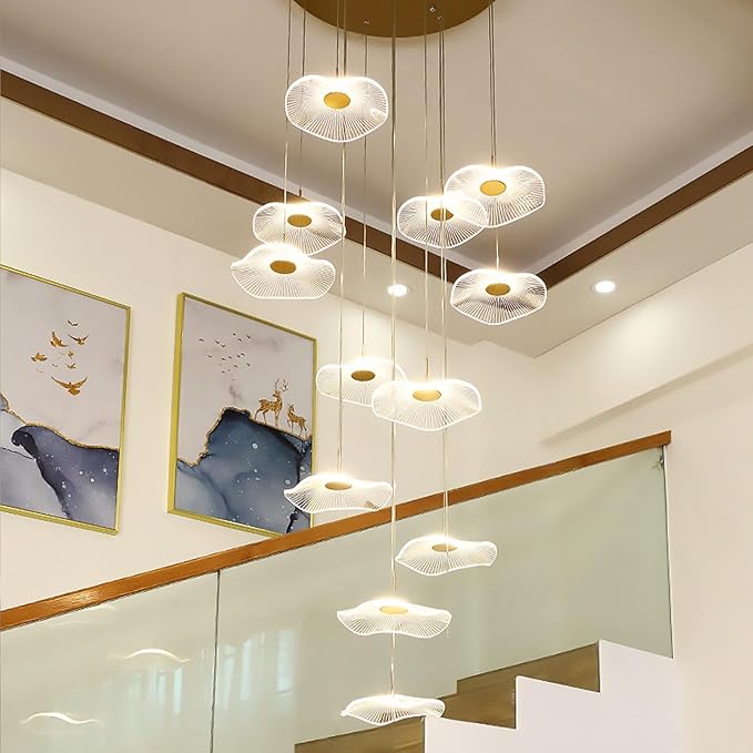 ziidoo High Ceiling Chandelier - 12-Light Dimmable Modern Gold Long Spiral Luxury Linear Lotus Leaf Led Lamp Hanging Pendant Lights for Foyer Enterway Staircase Villas