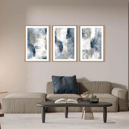 HOURIA Abstract Navy Blue Gray Framed Canvas Wall Art Set,Neutral White Brush Stroke Wall Decor,Minimalist Color Block Shapes Artwork,Modern Pastel Prints for Living Room,Bedroom,Farmhouse- 16"x24"x3