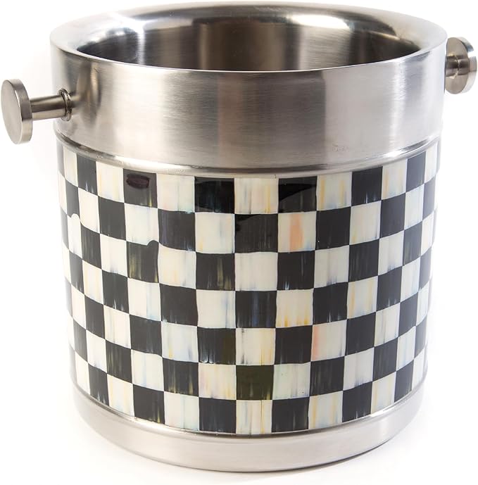 MACKENZIE-CHILDS 3260 Ice Bucket, Decorative Stainless-Steel Bucket and Ice-Cube Bin, Black-and-White Courtly Check