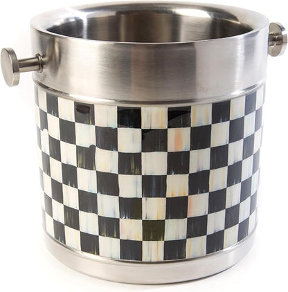 MACKENZIE-CHILDS 3260 Ice Bucket, Decorative Stainless-Steel Bucket and Ice-Cube Bin, Black-and-White Courtly Check