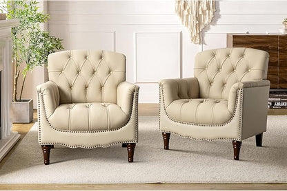 HULALA HOME Mid Century Modern Leather Club Chairs Set of 2, Top-Grain Genuine Leather Armchairs with Button-Tufted Back & Solid Wood Legs, Accent Chairs for Living Room/Bedroom/Home Office, Beige