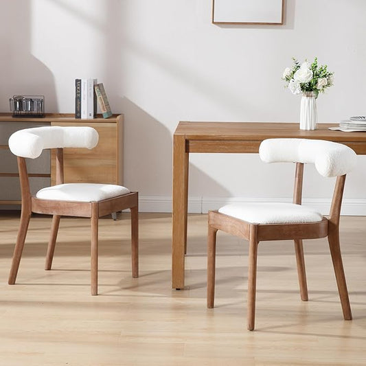 Wood Dining Chairs Set of 6, Mid Century Modern Living Room Chairs with Unique Curved Open Back Comfy Upholstered Side Chair for Kitchen/Restaurant/Reception, Sherpa White