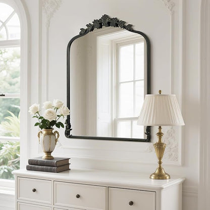 WallBeyond Black Antique Mirror for Vanity 24x32 Inch, Black Vintage Mirror with Ornate Frame, Arched Vintage Wall for Bathroom, Living Room, Fireplace