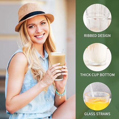 20 oz Glass Cups and Straw 4 Set, Glass Tumbler with Straw, Vintage Glassware for Whiskey Cocktail Beer, Iced Coffee Cups (4 PACK)