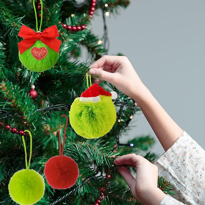 12 Pack Lime Green Furry Christmas Ball Ornaments with Santa Hat, 2.36 Inches Soft Fluffy-Pom-Pom Xmas Tree Hanging Decor for Holiday Home Party Fireplace Wall Decoration(Santa Hat)