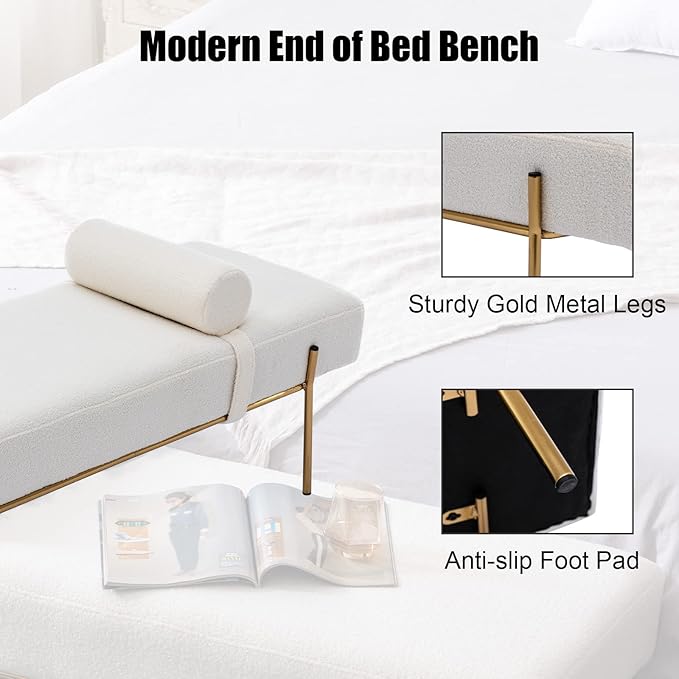 Modern End of Bed Bench, Upholstered Entryway Bench with Detachable Pillow for Living Room, Faux Fur Ottoman Bench with Gold Metal Legs, Comfy Cushion Bedroom Decoration Benches (White)