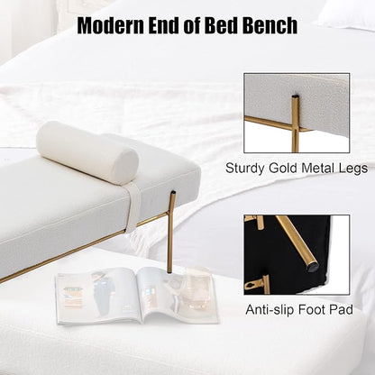 Modern End of Bed Bench, Upholstered Entryway Bench with Detachable Pillow for Living Room, Faux Fur Ottoman Bench with Gold Metal Legs, Comfy Cushion Bedroom Decoration Benches (White)