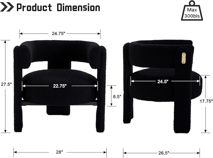 Black Boucle Barrel Accent Chairs Set of 2, Comfy Upholstered Living Room Chairs Mid-Century Modern Reading Chair with Open Back Round Corner Armchairs, Side Sitting Lounge Chairs for Bedroom/Office