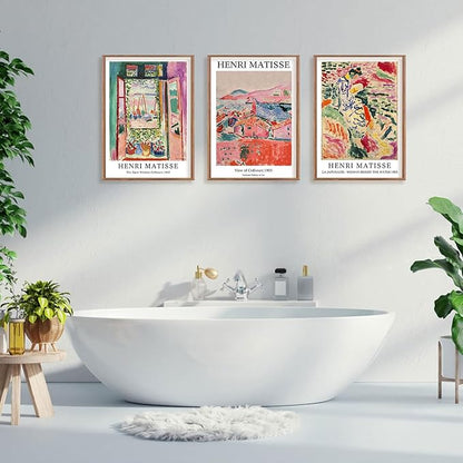 ILLBDR Framed Wall Art Vintage Matisse Wall Art Canvas Set of 3, Retro Prints Poster Mid Century Aesthetic Floral Botanical Decor for Living Room Bathroom Bedroom 12x16 Inch Framed