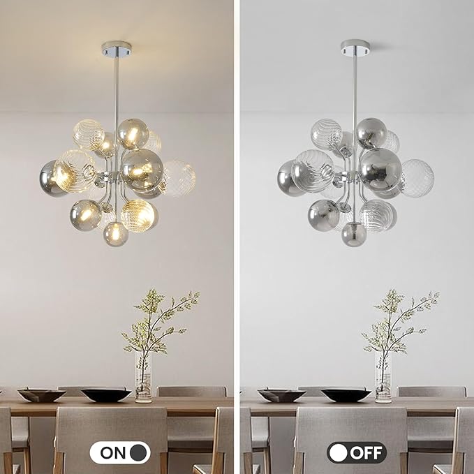 Mid Century Bubble Chandelier 8-Light 24in Globe Sputnik Pendant Light Fixture Modern Silver Chandeliers with 15 Bubbles LIght Fixtures for Dining Room Kitchen Living Room Bedroom Entryway Foyer