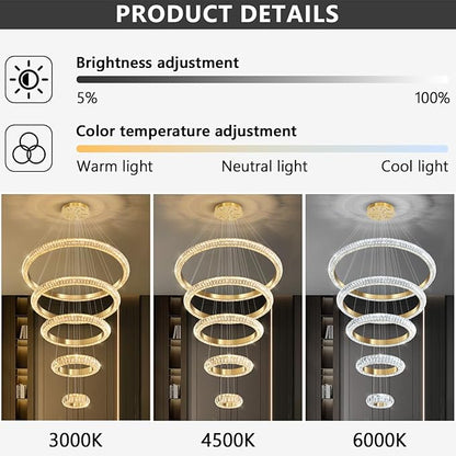 5 Ring Large Crystal Chandelier Modern LED Dimmable High Ceiling Chandelier Ring Contemporary Pendant Light Fixture for Living Room Foyer Staircase Gold D40''